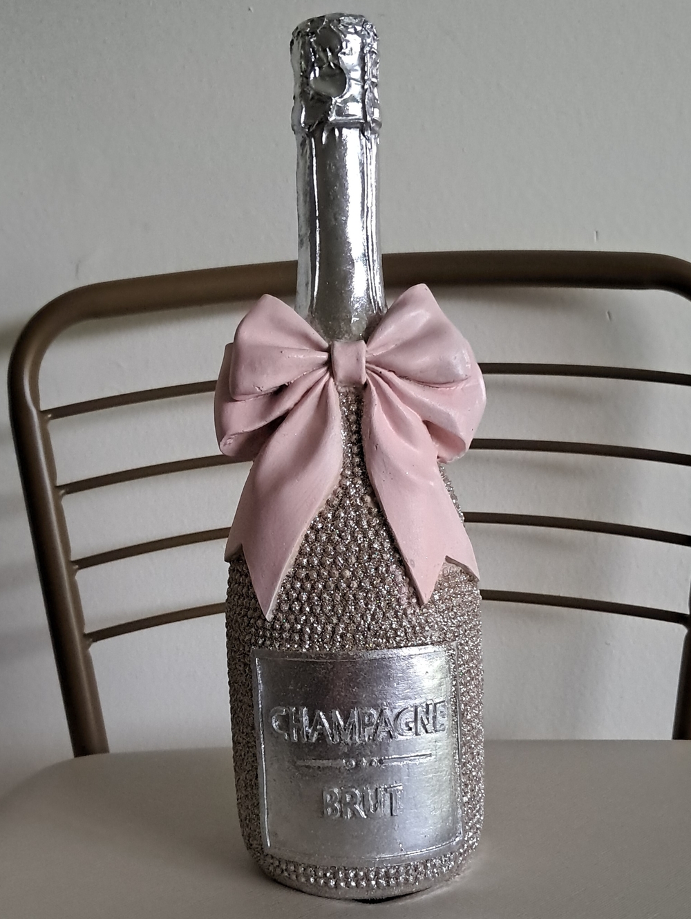 New!Viral Champagne Bottle Décor with Pink Bow - Sparkling Silver Accent